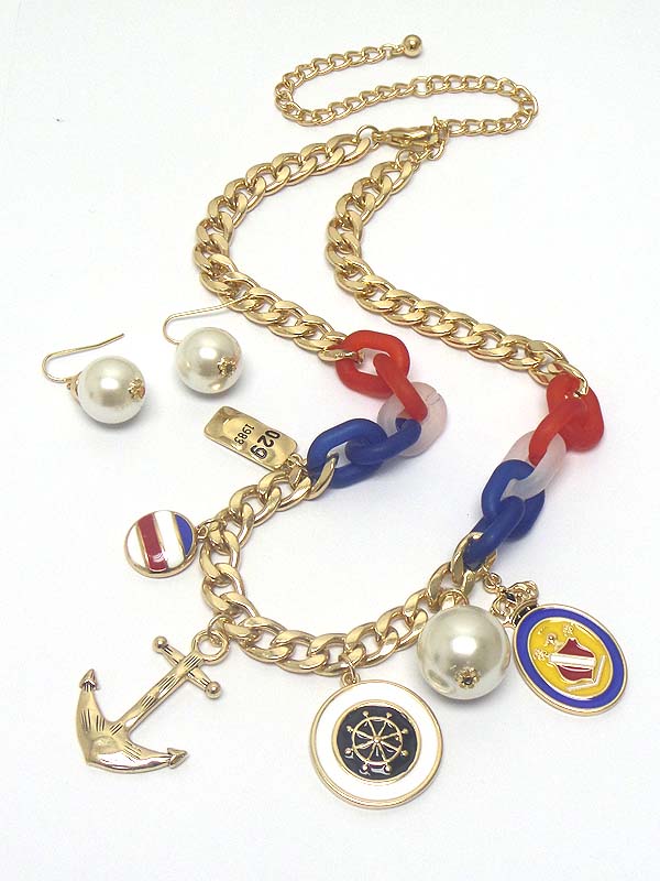 NAUTICAL THEME ANCHOR AND PEARL CHARM CHAIN NECKLACE EARRING SET