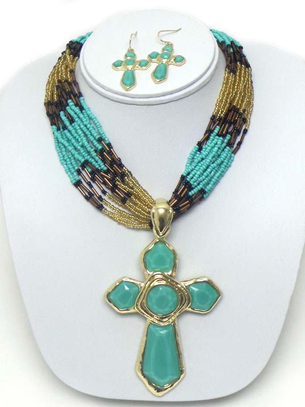 TURQUOISE CROSS PENDANT AND MULTI LAYER SEED BEAD NECKLACE EARRING SET