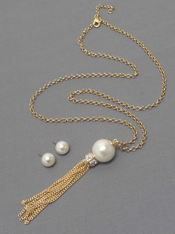 PEARL AND CRYSTAL RONDELLE AND LONG TASSEL DROP NECKLACE EARRING SET