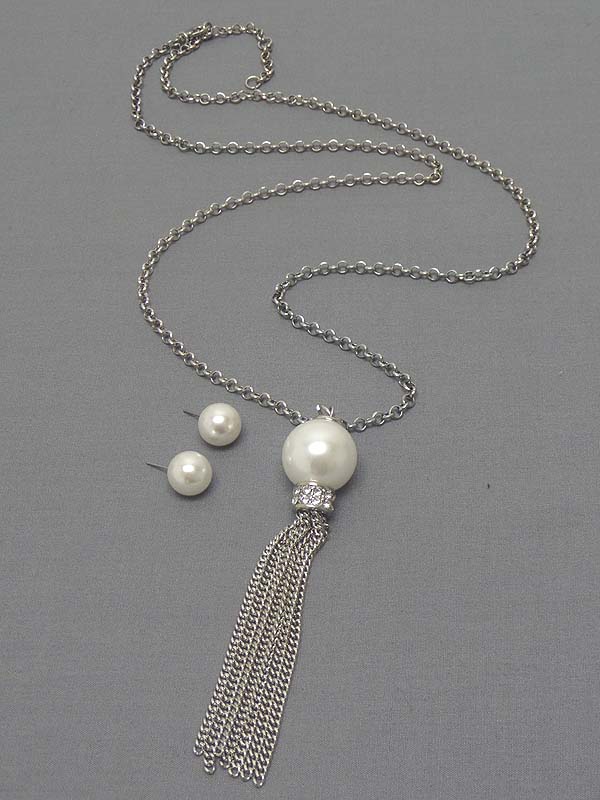 PEARL AND CRYSTAL RONDELLE AND LONG TASSEL DROP NECKLACE EARRING SET