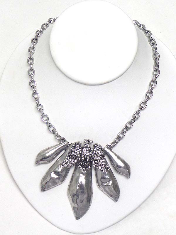 CRYSTAL STUD THUNDERBIRD AND HAMMERED METAL FEATHER SHAPE BAR DROP NECKLACE