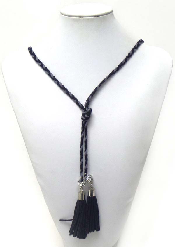 CRYSTAL BALL AND LEATHERETTE TASSEL DROP Y SHAPE NECKLACE