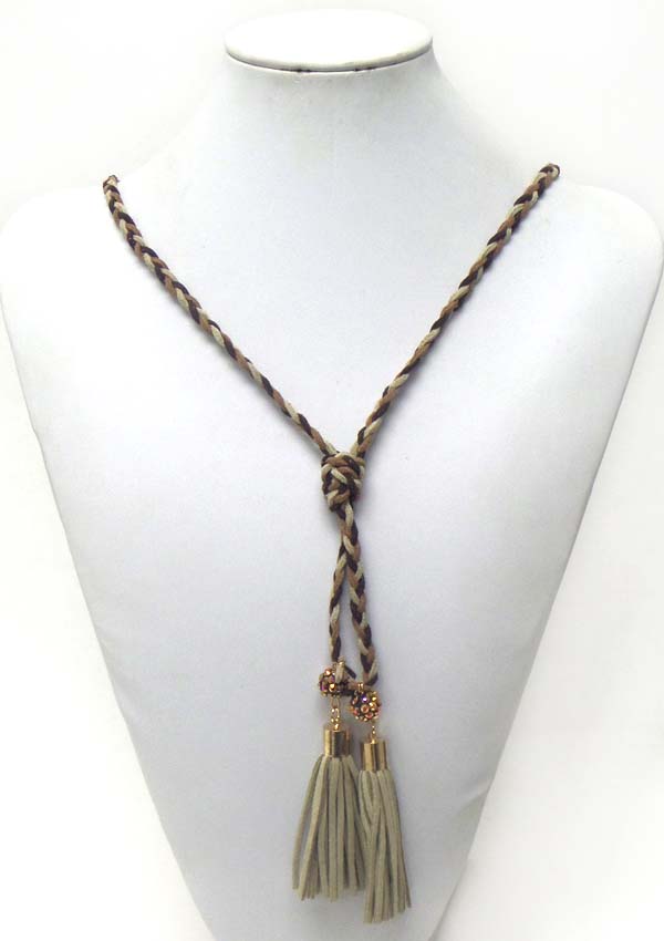 CRYSTAL BALL AND LEATHERETTE TASSEL DROP Y SHAPE NECKLACE