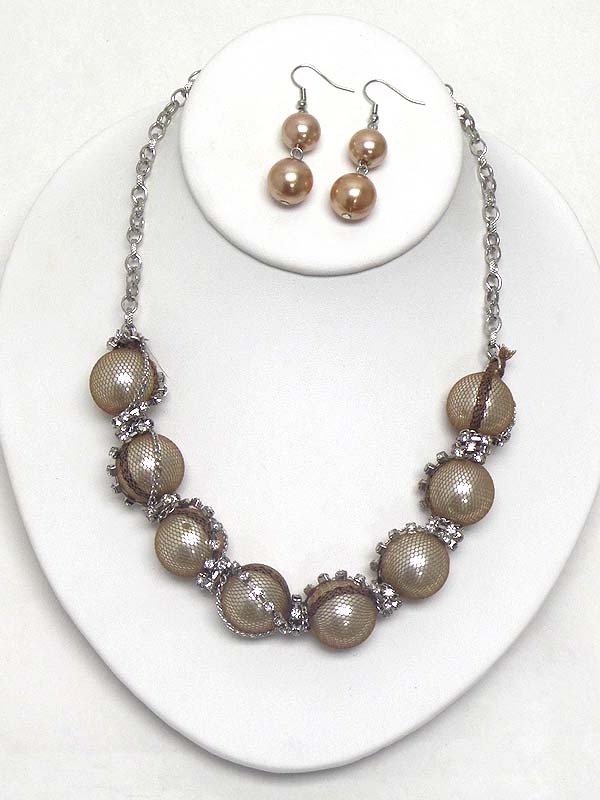 CRYSTAL AND PEARL FABRIC NET LINK NECKLACE EARRING SET