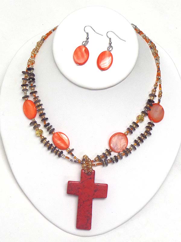 CROSS PENDANT AND NATURAL CHIP STONE DOUBLE LAYER NECKLACE EARRING SET
