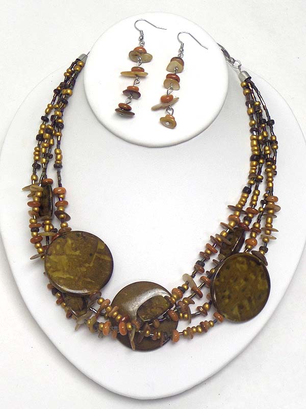 TRIPLE DISK STONE AND CHIP STONE MULTI LAYER NECKLACE EARRING SET