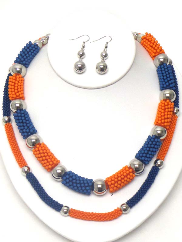 CHIP STONE AND METAL BALL MIX DOUBLE LAYER NECKLACE EARRING SET
