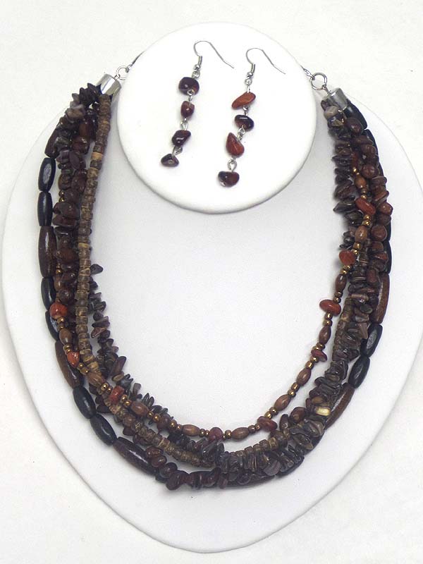 NATURAL CHIP STONE AND MULTI LAYER NECKLACE EARRING SET
