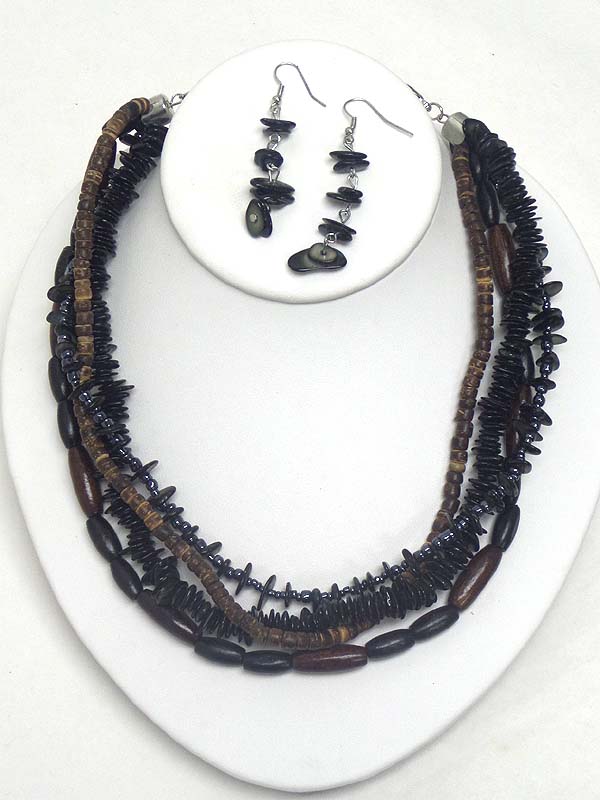 NATURAL CHIP STONE AND MULTI LAYER NECKLACE EARRING SET