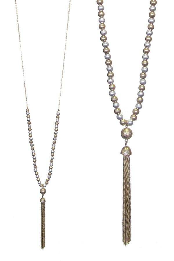 MULTI BALL BEAD AND FINE CHAIN TASSEL DROP LONG NECKLACE