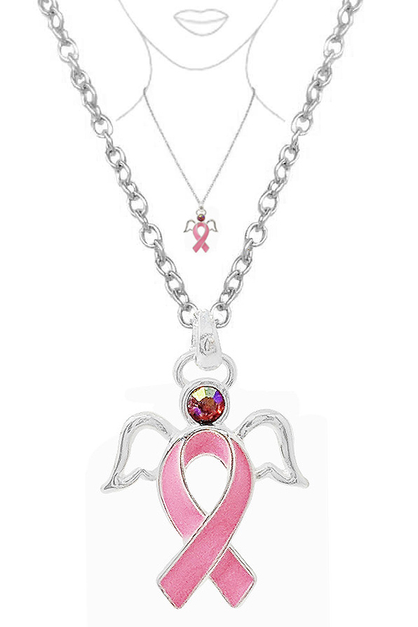 BREAST CANCER THEME PINK RIBBON AND ANGEL WING PENDANT NECKLACE