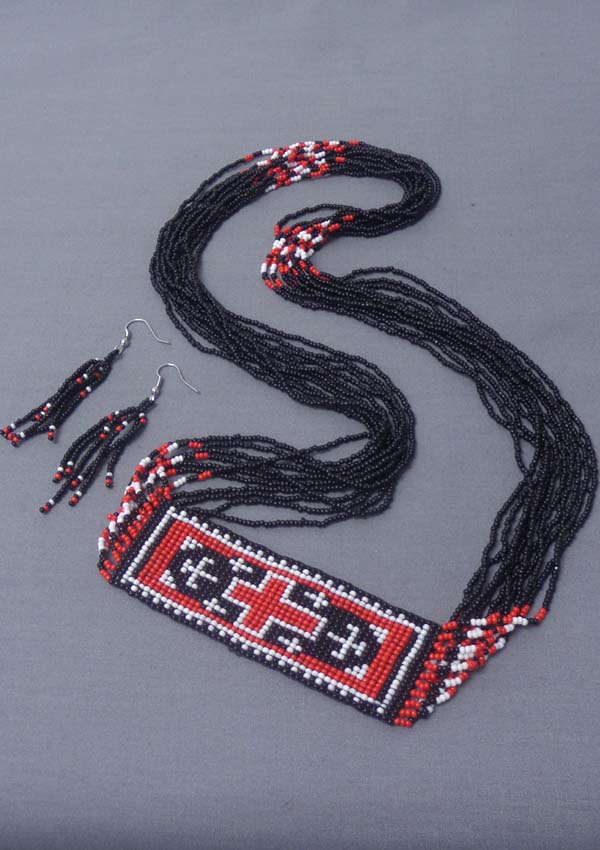 MULTI LAYERED SEED BEAD CHAIN AND CROSS NECKLACE EARRING SET