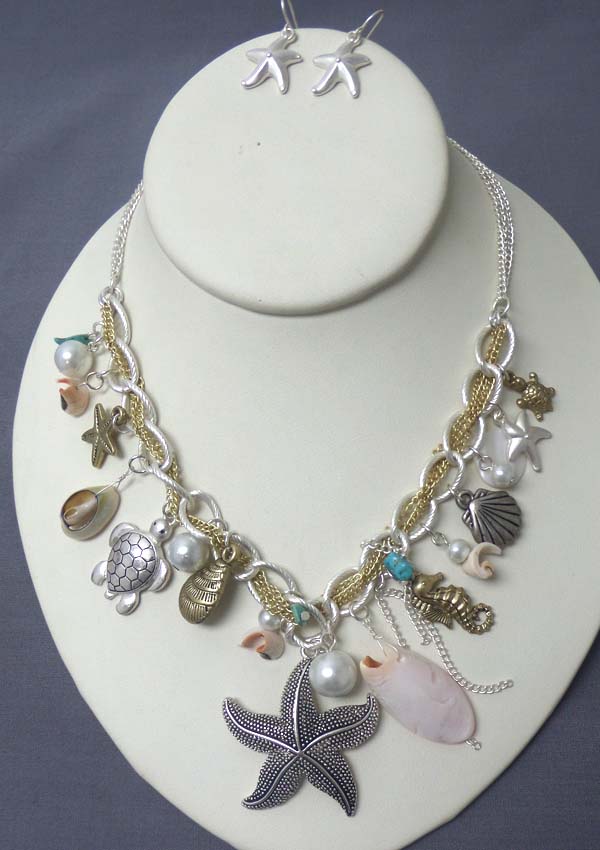 STARFISH AND MULTI SEALIFE THEME CHARM DANGLE CHAIN NECKLACE EARRING SET
