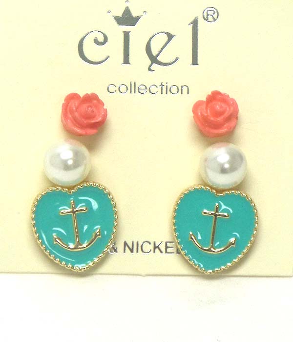 EPOXY HEART ANCHOR AND PEARL EARRING SET OF 3