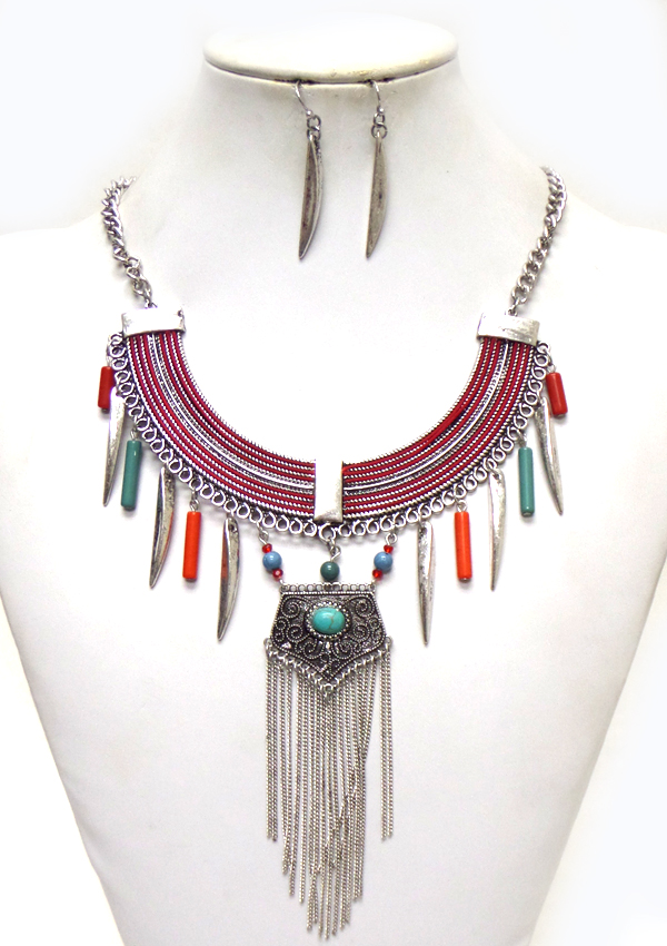 METAL BIB AND TURQUOISE AND MIXED STONE DROP NECKLACE SET