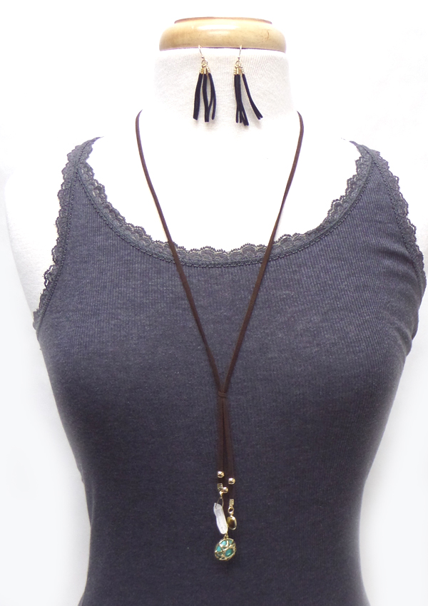 THREE SEMI PRECIOUS STONE AND SUEDE LONG NECKLACE SET