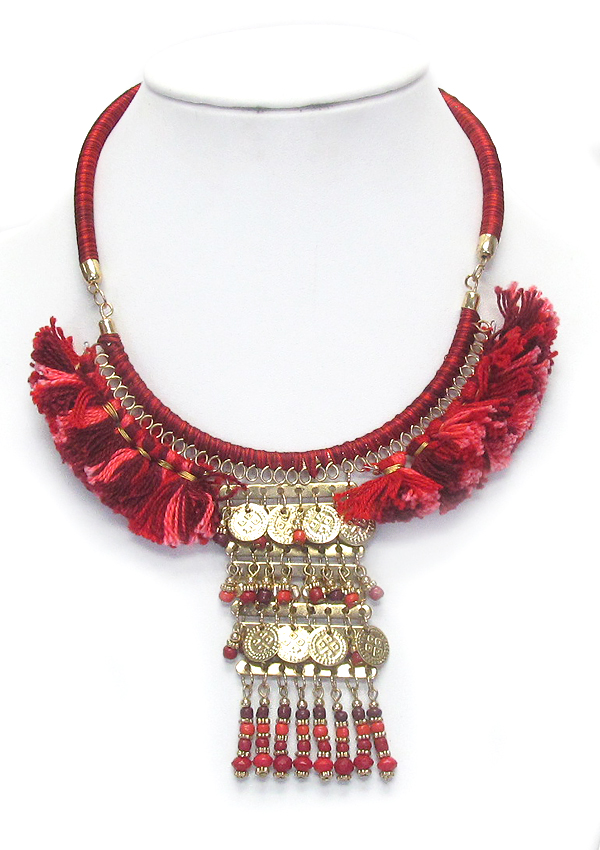 ETHNIC STYLE MULTI COLOR THREAD TASSEL AND SEED BEAD DROP BIB NECKLACE