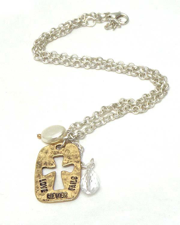 VINTAGE METAL CUT OUT CROSS PENDANT AND FRESHWATER PEARL DANGLE NECKLACE