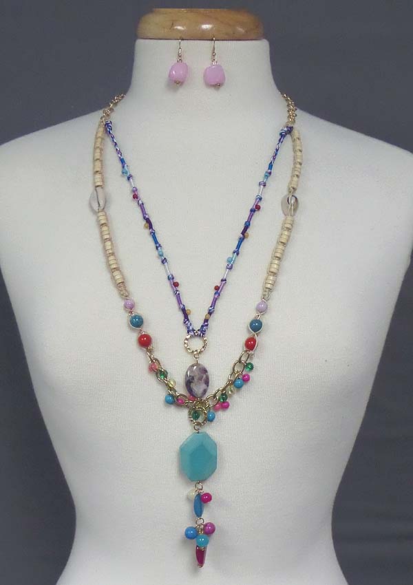 NATURAL STONE AND MIXED SHELL AND WOOD BEADS LONG  NECKLACE SET
