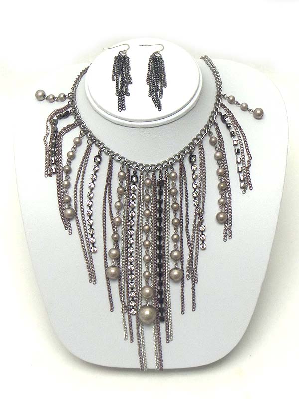 MULTI RHINESTONE AND METAL BALL AND TASSEL DROP  NECKLACE EARRING SET