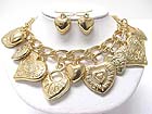 MULTI METAL TEXTURE HEART CHARM NECKLACE EARRING SET