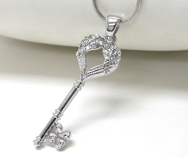 MADE IN KOREA WHITEGOLD PLATING CRYSTAL STUD HEART WINGS KEY PENDANT NECKLACE