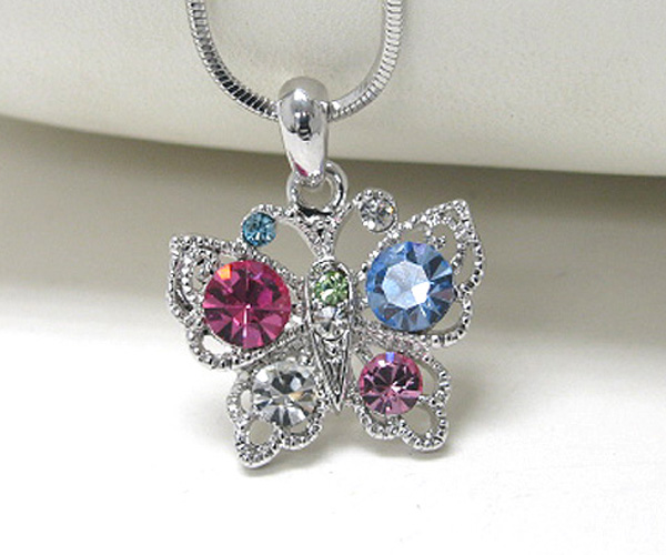 MADE IN KOREA WHITEGOLD PLATING CRYSTAL STUD BUTTERFLY PENDANT NECKLACE