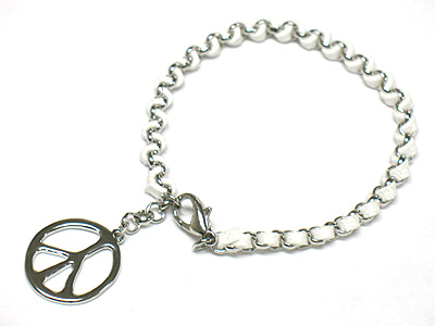 PEACE MARK CHARM AND BRAIDED LEATHER CORD CHAIN BRACELET