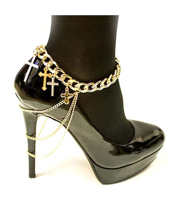 THICK CHAIN ANKLET AND MULTI CROSS CHARM BACK SHOE CHAIN