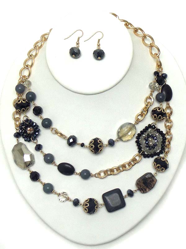 MULTI GLASS AND SEED BEAD MIX 3 LAYER DROP NECKLACE EARRING SET