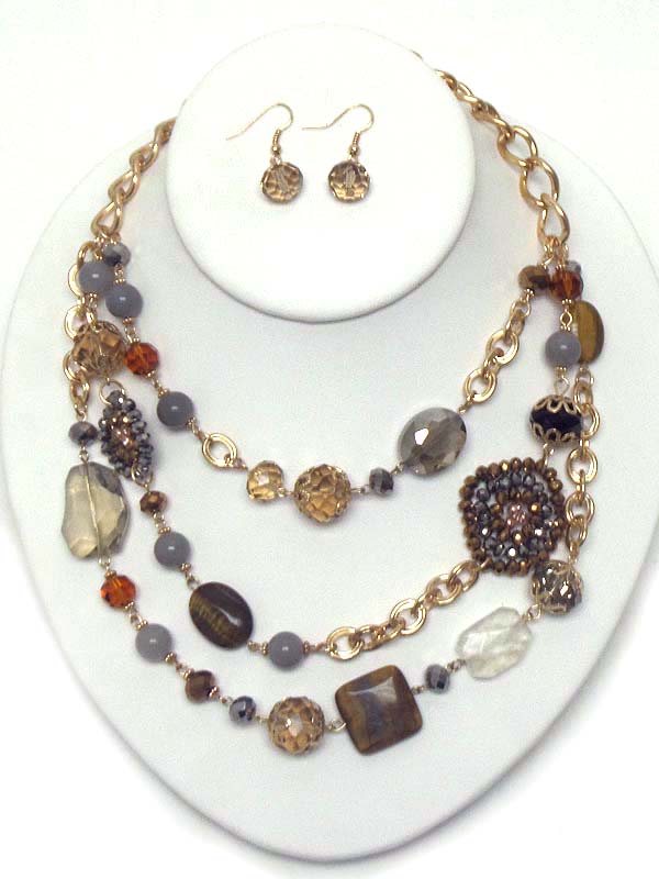 MULTI GLASS AND SEED BEAD MIX 3 LAYER DROP NECKLACE EARRING SET