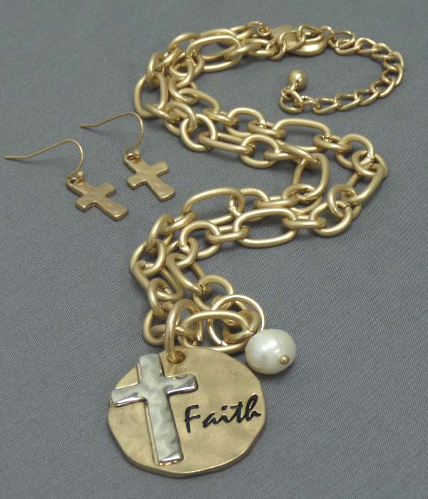 FAITH AND CROSS DISK PENDANT NECKLACE EARRING SET