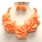 MULTI ACRLY BALLS WITH FIVE FABRIC FLOWER NECKLACE EARRING SET