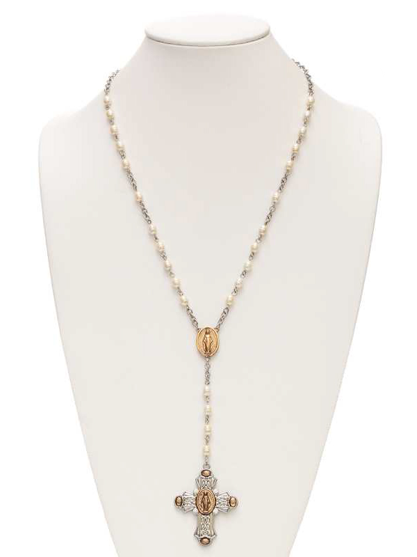 FILIGREE CROSS PEARL ROSARY NECKLACE