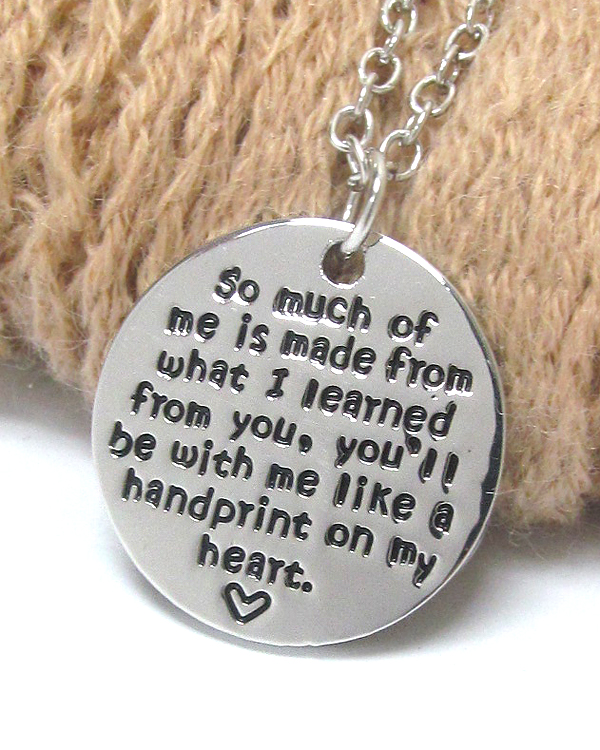 TEACHER APPRECIATION MESSAGE PENDANT NECKLACE - YOU WILL BE WITH ME LIKE A HANDPRINT ON MY HEART