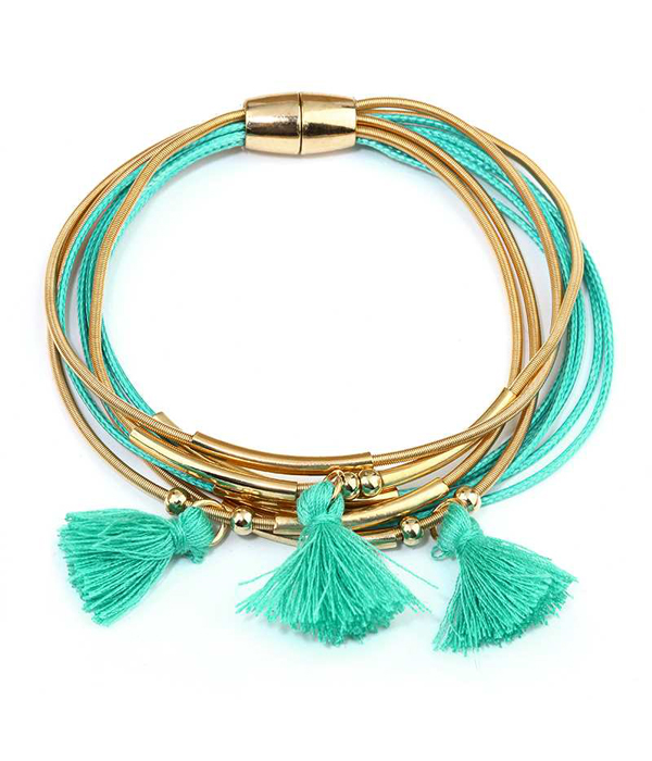 MULTI METAL AND CORD CHAIN MIX TASSEL MAGNETIC BRACELET