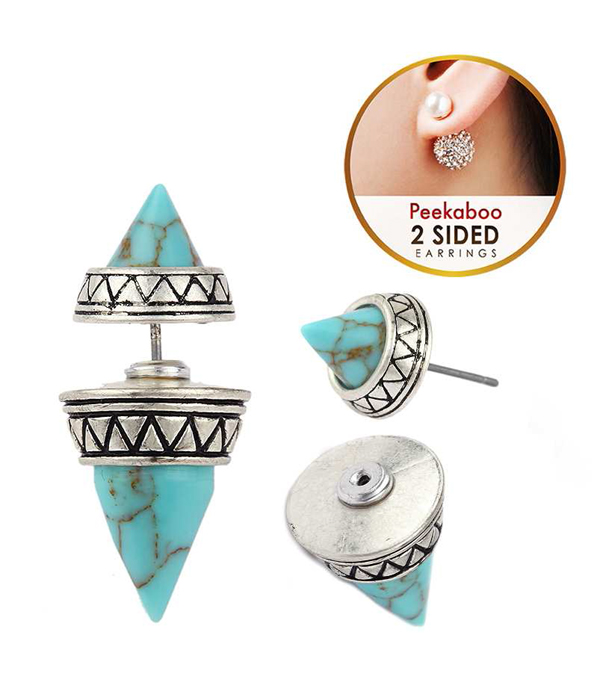 AZTEC PATTERN AND SPIKE DOUBLE SIDED FRONT AND BACK EARRING -western