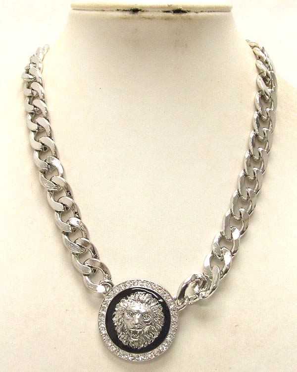 CRYSTAL AND EPOXY DECO LION HEAD RIHANNA STYLE METAL CHAIN NECKLACE