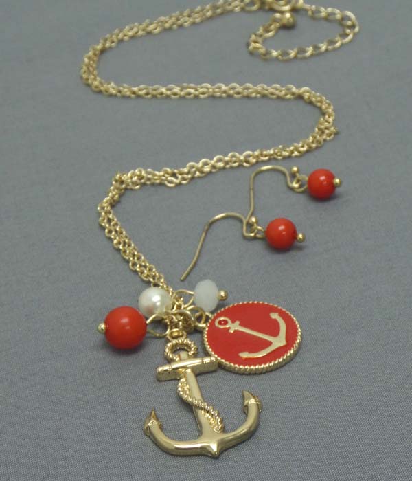 EPOXY ANCHOR DISK AND PEARL DANGLE NECKLACE EARRING SET