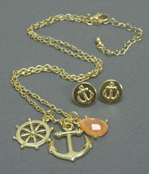 ANCHOR AND WHEEL DANGLE NECKLACE EARRING SET