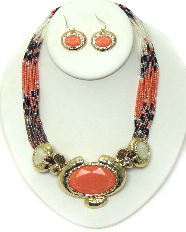 FACET OVAL STONE PENDANT AND MULTI LAYER SEED BEAD NECKLACE EARRING SET