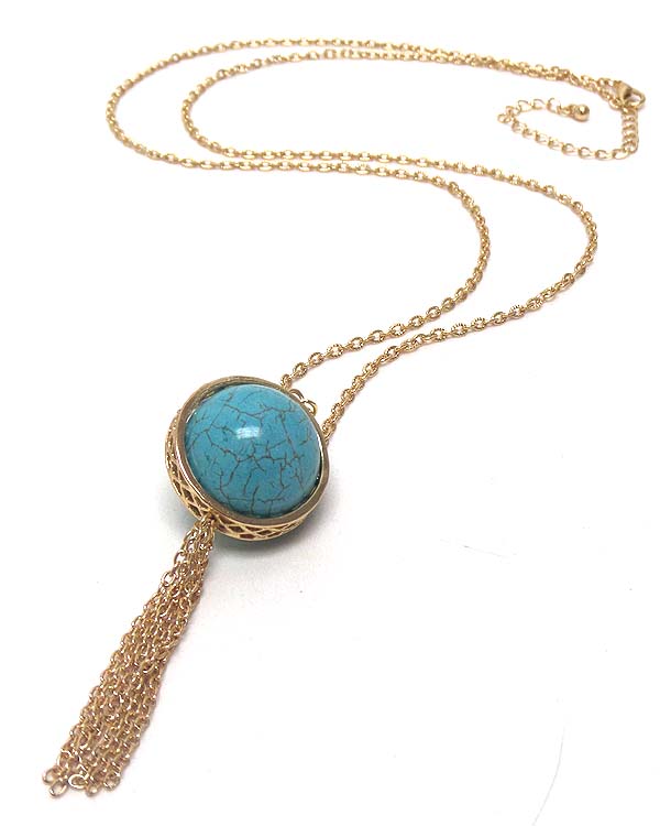 SEMI PRECIOUS SPINNING BALL AND TASSEL DROP NECKLACE - TURQUOISE - MADE IN USA