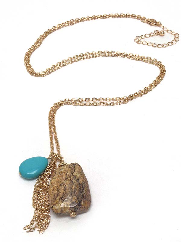 NATURAL SHAPE SEMI PRECIOUS STONE AND TASSEL DROP NECKLACE - TIGER EYE AND TURQUOISE - MADE IN USA
