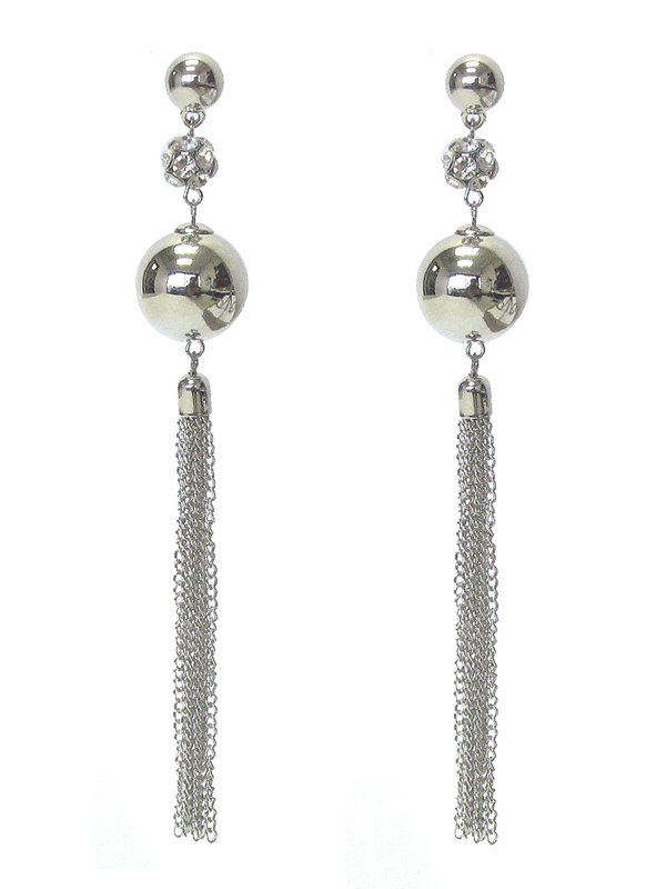 CRYSTAL FIREBALL AND METAL BALL AND LONG FINE CHAIN TASSEL DROP EARRING