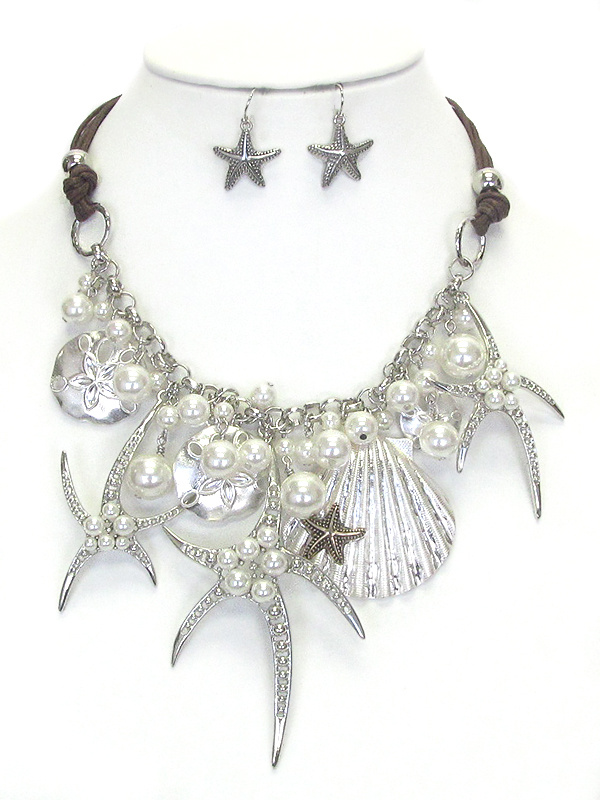 MULTI STARFISH AND SHELL AND PEARL MIX STATEMENT NECKLACE SET