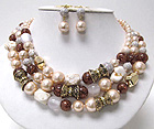 THREE ROW CHUNKY STONE AND PEARL FASHION NECKLACE EARRING SET - Wholesale Fashion Jewelry