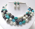THREE ROW CHUNKY STONE AND PEARL FASHION NECKLACE EARRING SET
