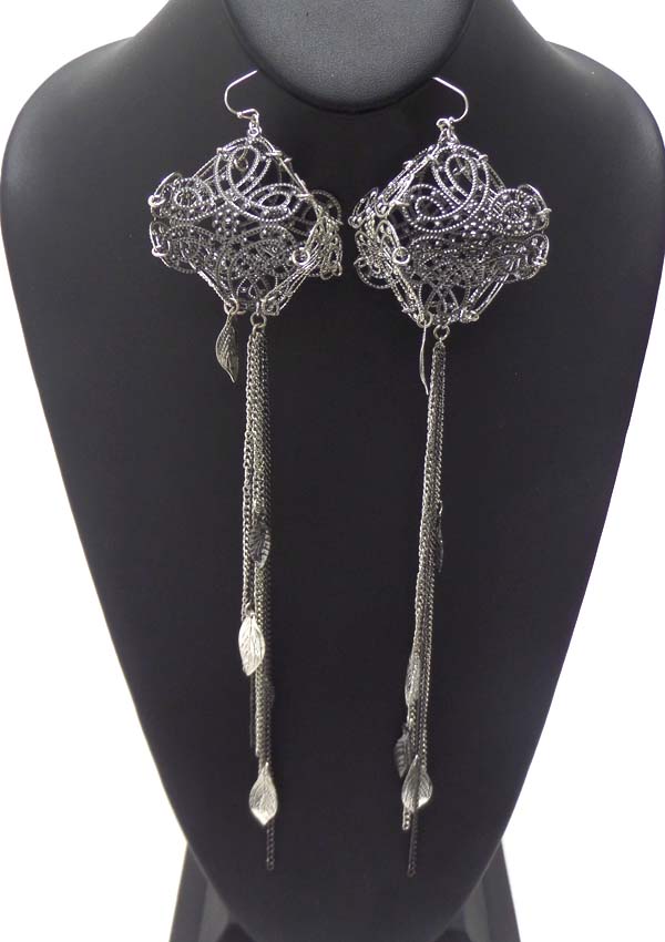 SQUARE PUFFY SPRING VINTAGE MIXED METAL FILIGREE DROP MULTI CHAIN WITH LEAFS EARRING