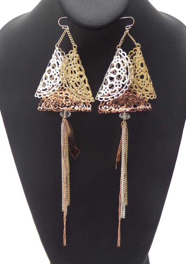 PUFFY TRIANGLE SPRING VINTAGE MIXED METAL FILIGREE DROP MULTI CHAIN EARRING
