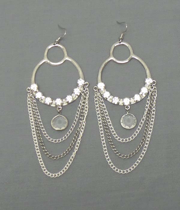 CRYSTAL ROUND METAL AND DROP GLASS STONE WITH MULTI CHAIN DROP EARRING